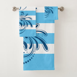 Blue swirl white and blue stripes bath towel set