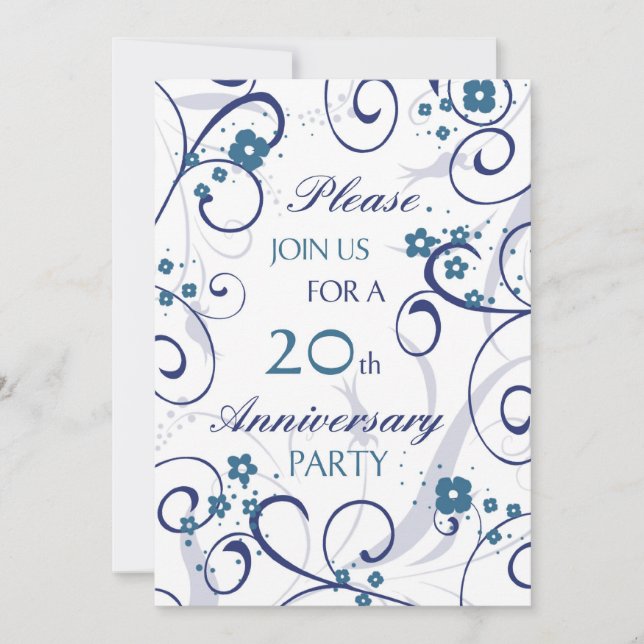 Blue Swirls 20th Anniversary Party Invitation Card (Front)