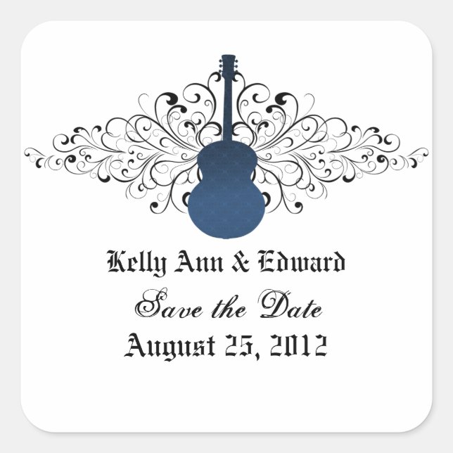 Blue Swirls Guitar Save the Date Stickers (Front)