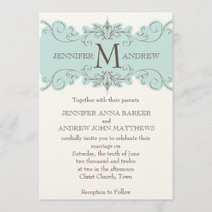 Blue Swirls Monogram Cream Wedding Invitations