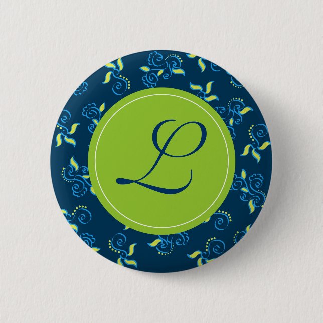 Blue swirls pattern with "L" monogram 6 Cm Round Badge (Front)