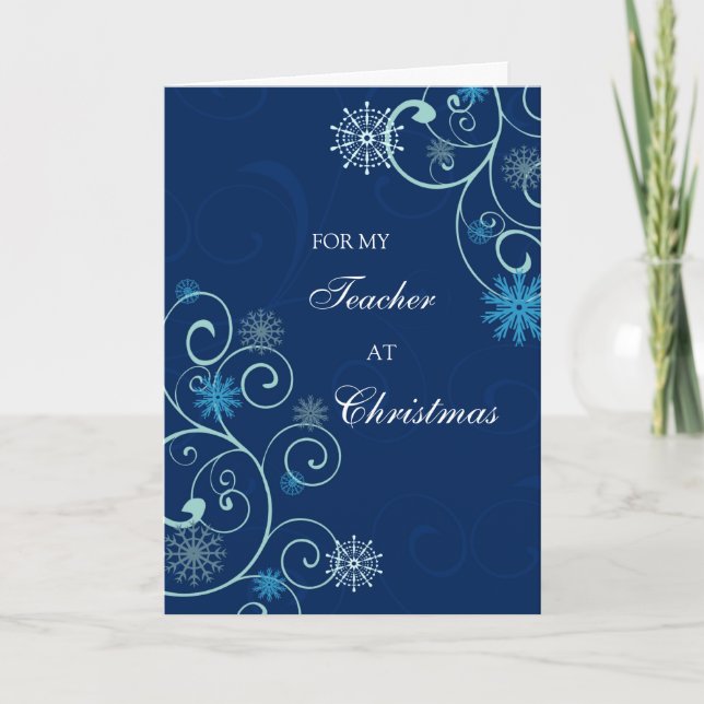 Blue Swirls Teacher Merry Christmas Card (Front)