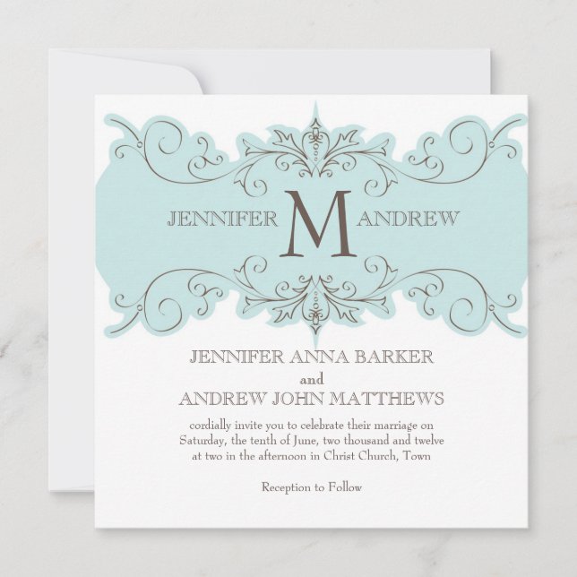 Blue Swirls Wedding Invitation with Monogram (Front)