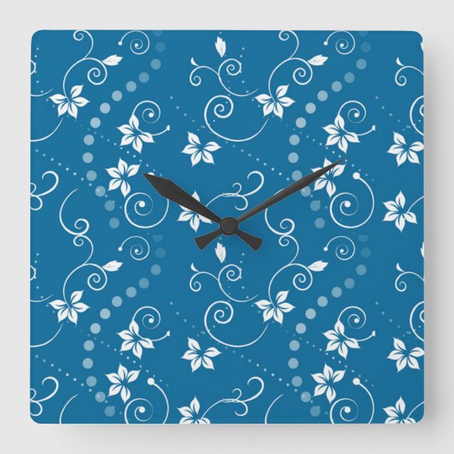 Blue Swirly Flowers Square Wall Clock (Front)
