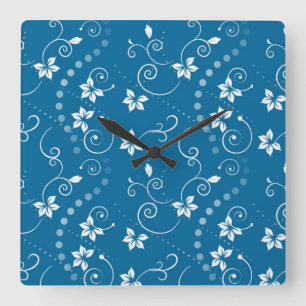 Blue Swirly Flowers Square Wall Clock