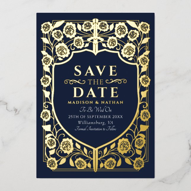 Blue Sword Shield Mediaeval Monogram Save the Date (Front)