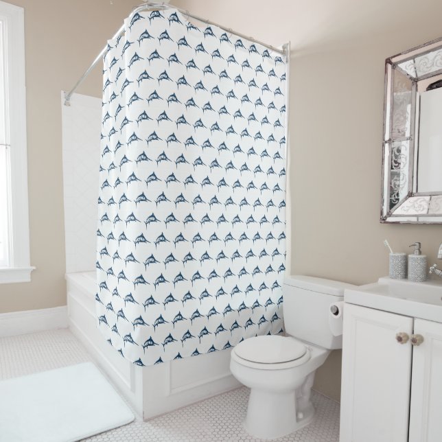 Blue Swordfish Pattern Shower Curtain (In Situ)