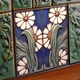 Blue Symmetrical Marguerite Daisies Artistic Ceramic Tile