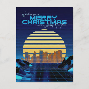 Blue Synthwave Christmas Holiday Postcard