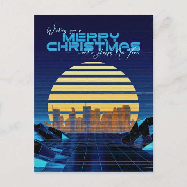 Blue Synthwave Christmas Holiday Postcard (Front)
