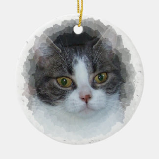 blue tabby and white ceramic tree decoration