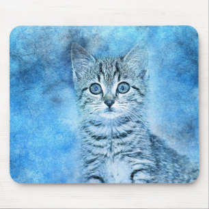 Blue Tabby Kitten Abstract Watercolor Mouse Pad