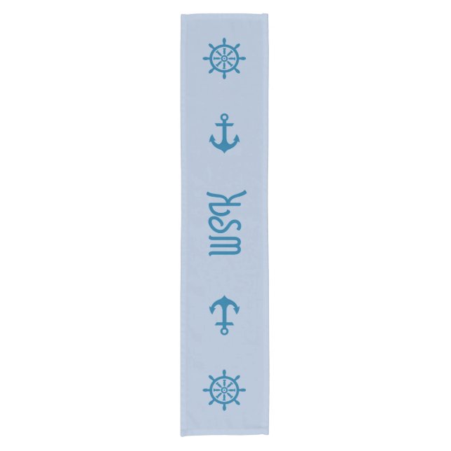 Blue Table Runner with Nautical Ship's Wheel Art (Front)