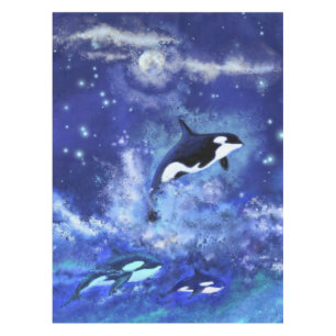 Blue Tablecloth with Killer Whales on Full Moon