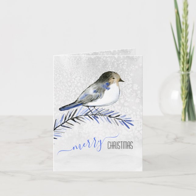 Blue Tail Bird On Icy Branch Merry Christmas Holiday Card (Front)