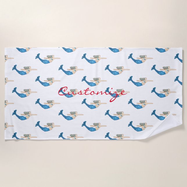 Blue-tail Mermaid Swimming Thunder_Cove Beach Towel (Front)