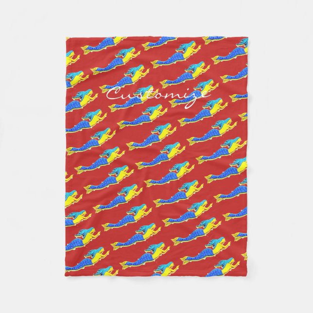 blue-tailed mermaid Thunder_Cove red Fleece Blanket (Front)