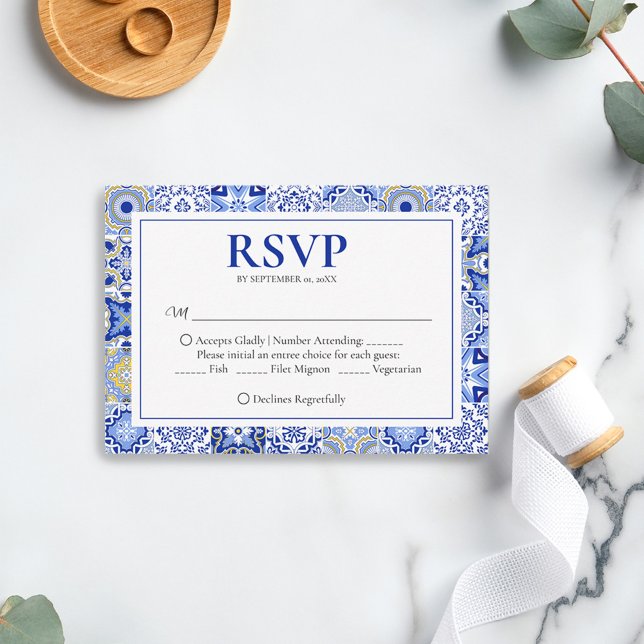 Blue Talavera Fiesta: A Spanish Mexican Wedding RSVP Card (Creator Uploaded)