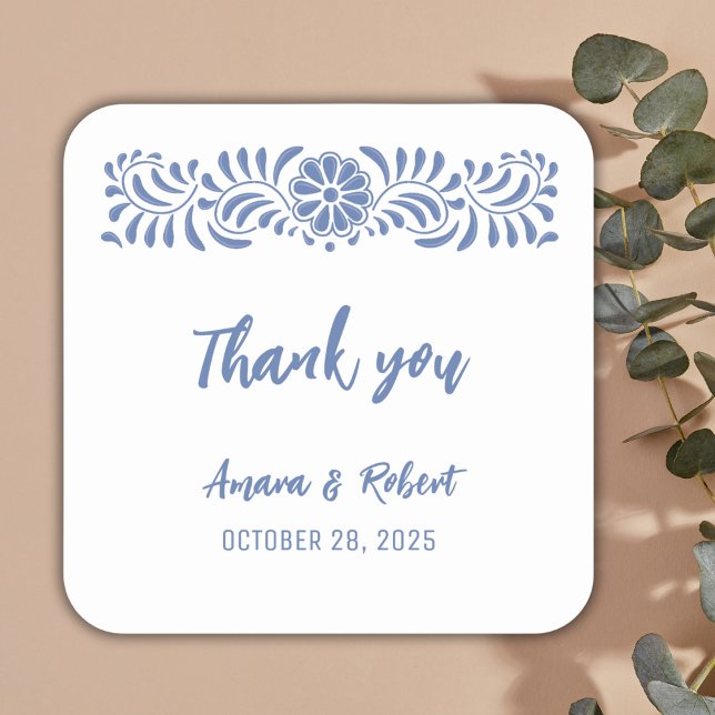 Blue talavera flowers square sticker (Creator Uploaded)