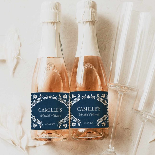 Blue Talavera Mexican Wedding Sparkling Wine Label (Blue Talavera Bridal Shower Mini Champagne Label)