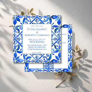 Blue Talavera Spanish tiles all in one wedding Invitation