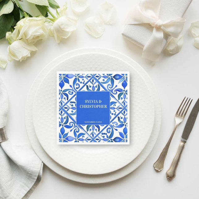 Blue Talavera Spanish tiles all in one wedding Napkin (Blue Talavera Spanish tiles personalized monogram printed wedding Napkins template table decor)