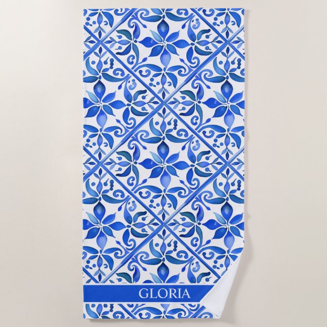 Blue Talavera Spanish tiles bridesmaids gifts Beach Towel (Front)