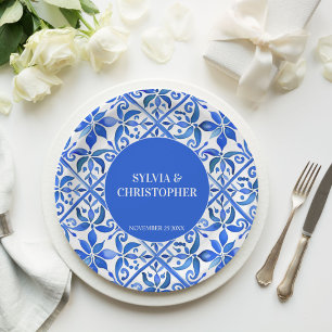 Blue Talavera Spanish tiles monogram wedding Paper Plate