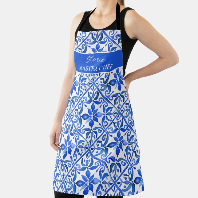 Blue Talavera Spanish tiles personalised gifts Apron (Insitu)