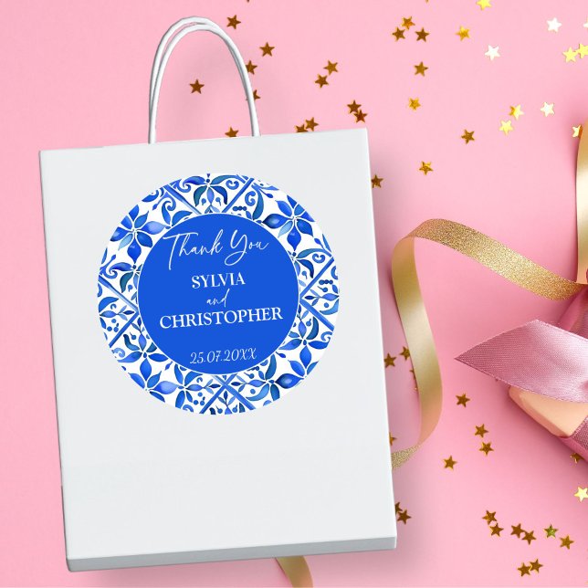 Blue Talavera Spanish tiles wedding favour Classic Round Sticker (Blue Talavera Spanish tiles wedding thank you favor Stickers wedding favors)