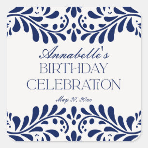 Blue Talavera Tile Spanish Fiesta Birthday Favour Square Sticker