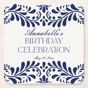 Blue Talavera Tile Spanish Fiesta Birthday Party Square Paper Coaster