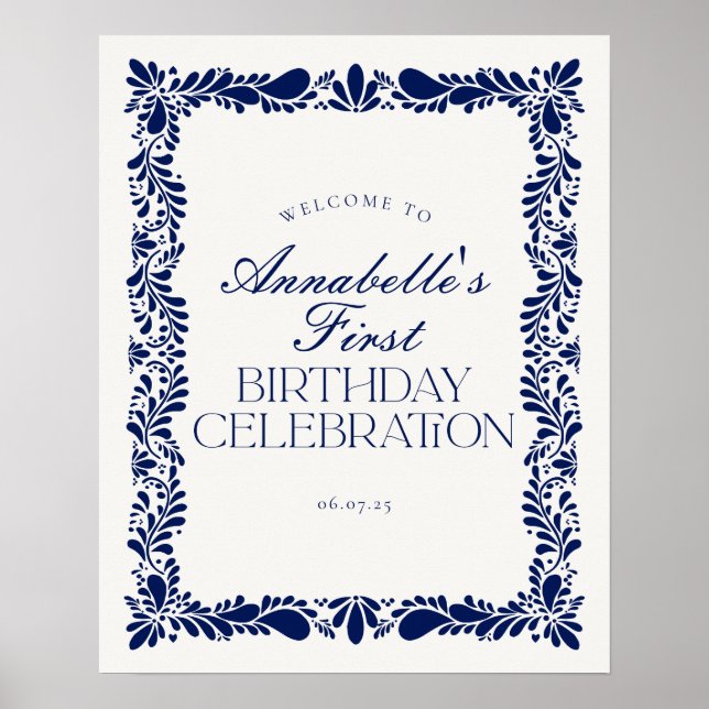 Blue Talavera Tile Spanish Fiesta Birthday Welcome Poster (Front)