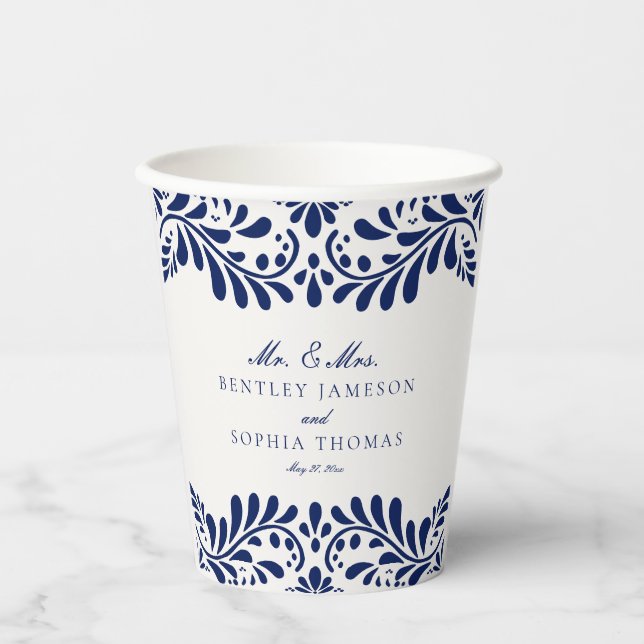Blue Talavera Tile Spanish Fiesta Wedding Paper Cups (Front)