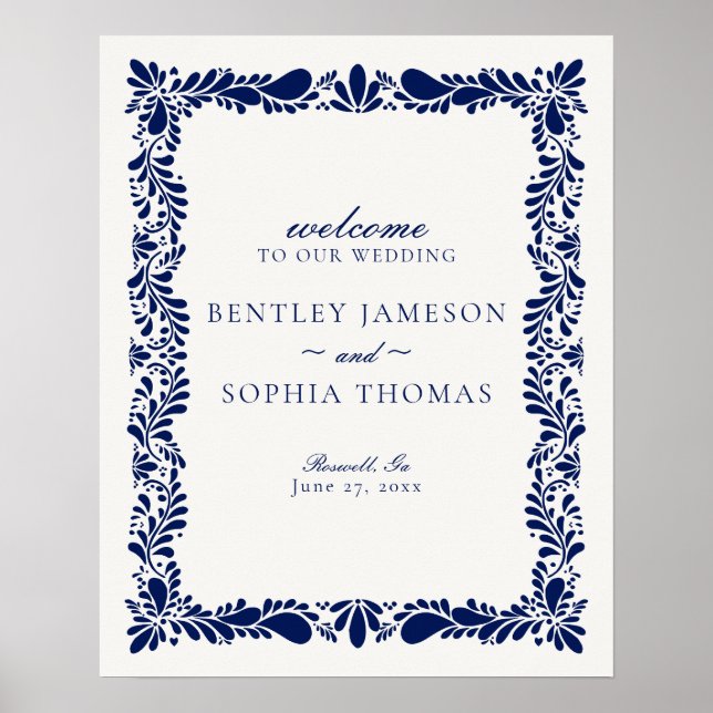 Blue Talavera Tile Spanish Fiesta Wedding Welcome Poster (Front)