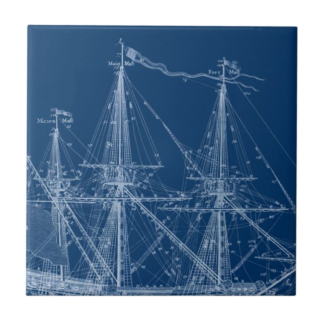 Blue Tall Sailing Ship Blueprint Ceramic Tile (Front)