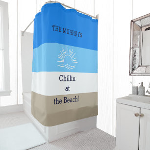 Blue Tan and White Stripes Family Beach House Shower Curtain