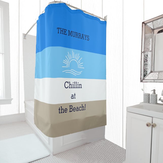 Blue Tan and White Stripes Family Beach House Shower Curtain (Creator Uploaded)