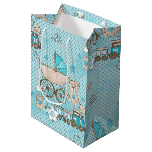 BLUE & TAN BABY BOY BEAR TRAINS BALLS BLOCKS MEDIUM GIFT BAG (Front Angled)