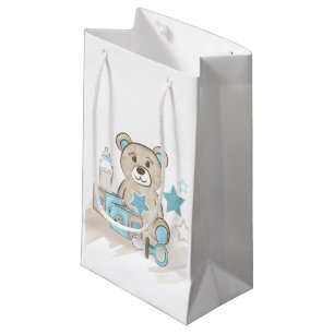 BLUE & TAN BABY BOY TEDDY BEAR BLOCKS BOTTLE SMALL GIFT BAG