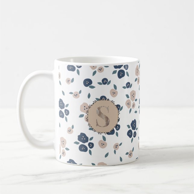 Blue Tan Leaf Farmhouse Country Rustic Cute Coffee Mug (Left)