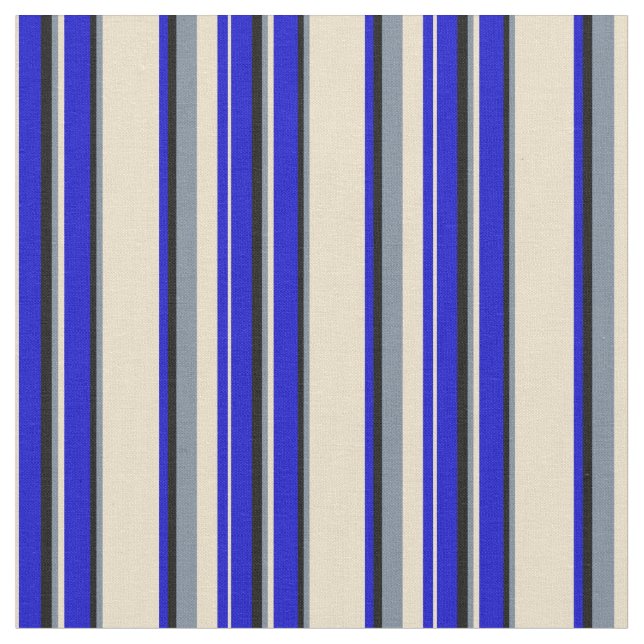 Blue, Tan, Light Slate Grey & Black Coloured Lines Fabric (Close Up)