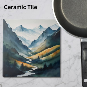 Blue Tan Mountain Scene Ceramic Tile