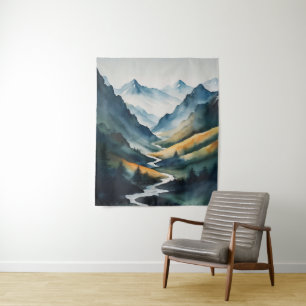 Blue Tan Mountain Scene Tapestry