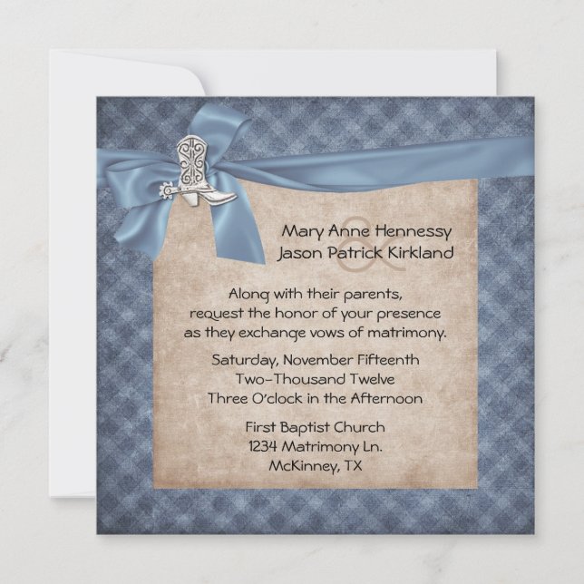 Blue & Tan Rustic Western Theme Wedding Invitation (Front)