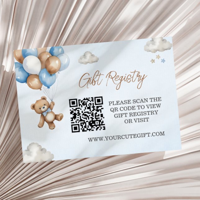 Blue Tan Teddy Bear Balloons Baby Registry QR Code Enclosure Card (Creator Uploaded)