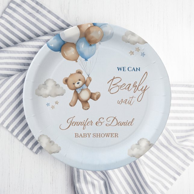 Blue Tan Teddy Bear Balloons Baby Shower Paper Plate (Creator Uploaded)
