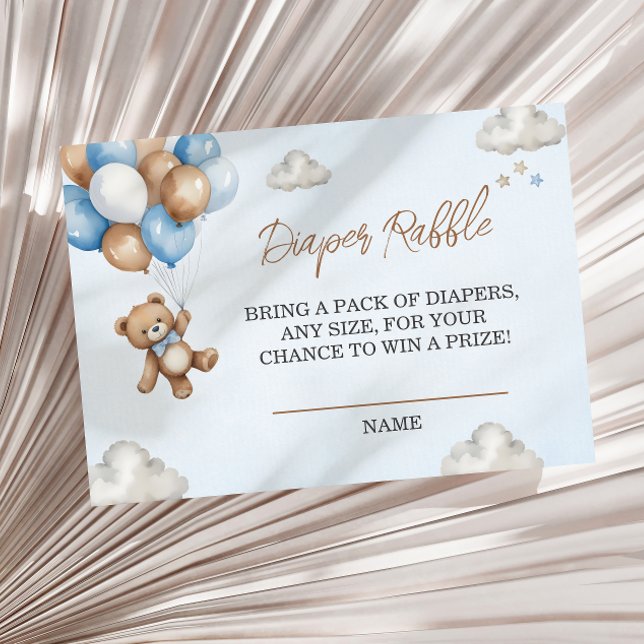 Blue Tan Teddy Bear Balloons Diaper Raffle Enclosure Card (Creator Uploaded)