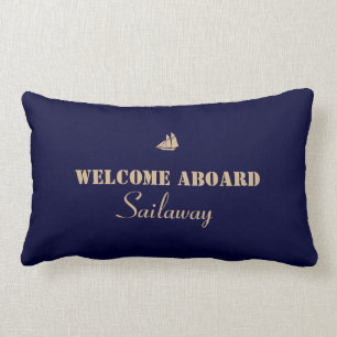 Blue Tan Welcome Aboard Boat Nautical Lumbar Cushion