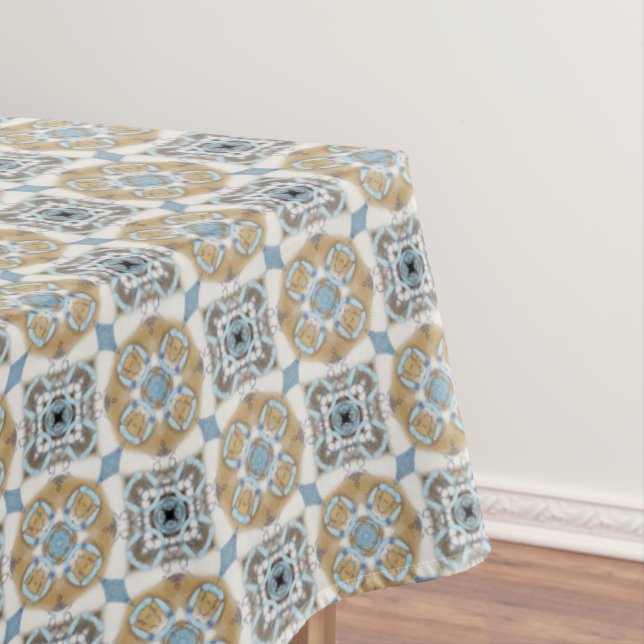 Blue, Tan, White & Brown Circles Squares Pattern Tablecloth (In Situ)